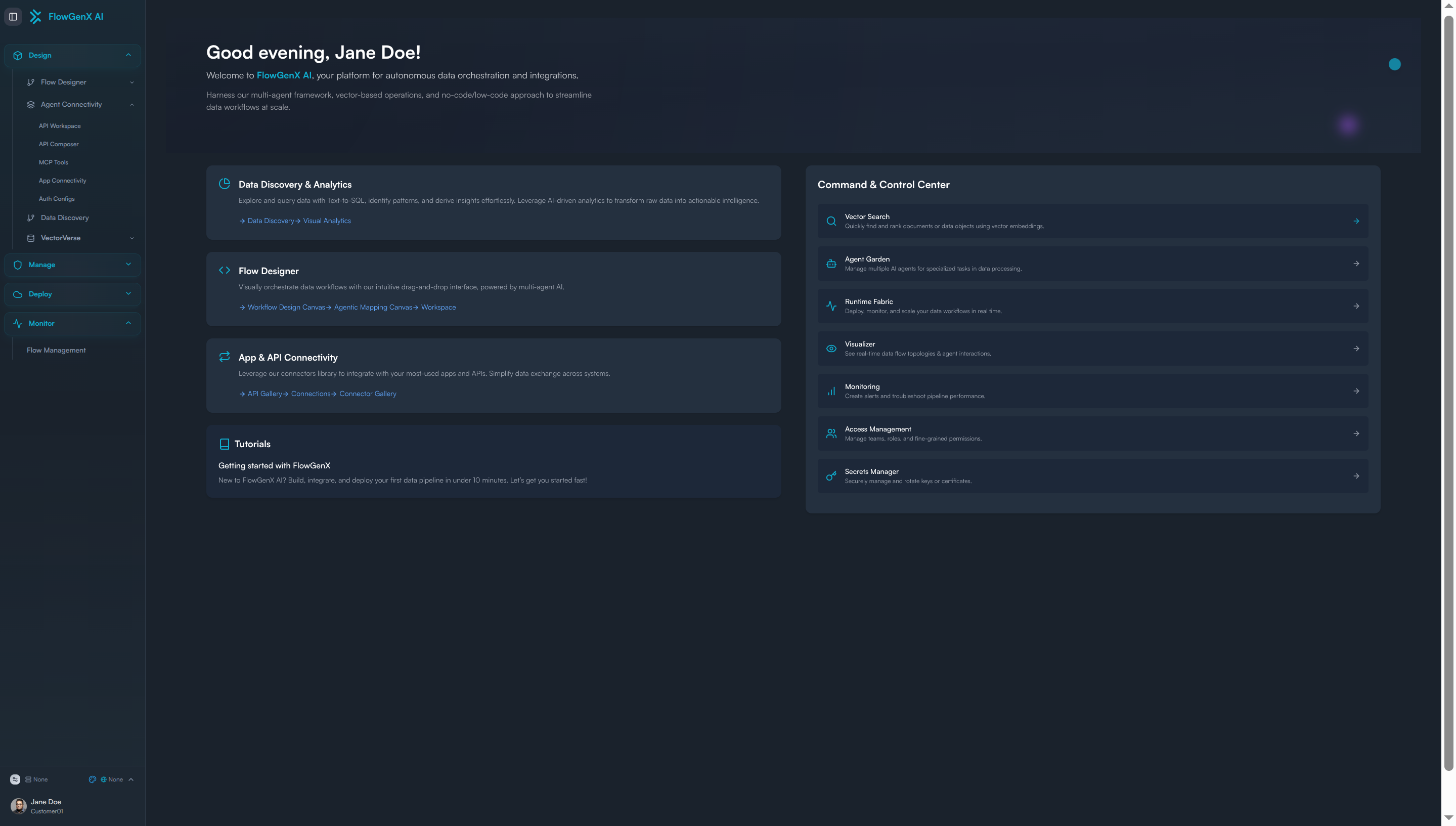 FlowGenX AI Dashboard showing Agent Connectivity section