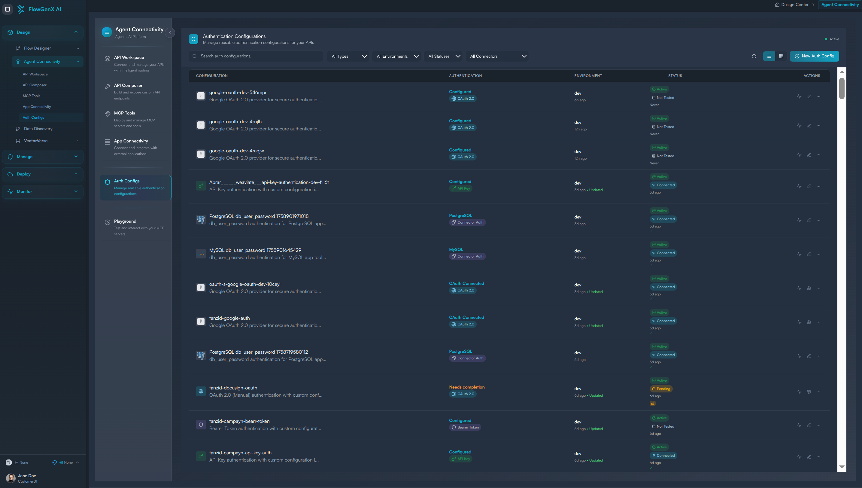 Auth Configs Interface showing existing configurations and New Auth Config button