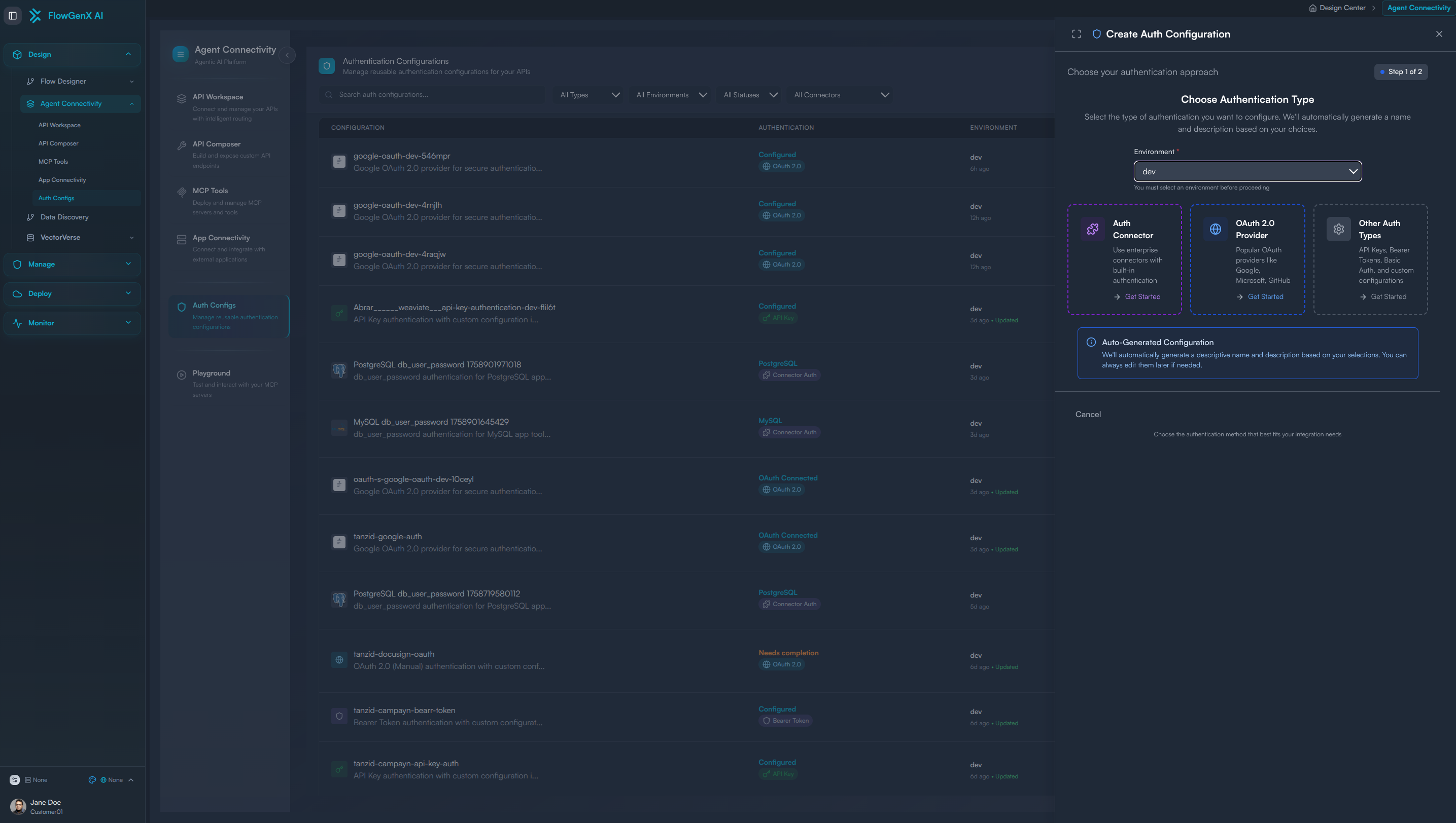 Connector Type Selection dialog showing Auth Connector, OAuth 2.0 Provider, and Other Auth Types options