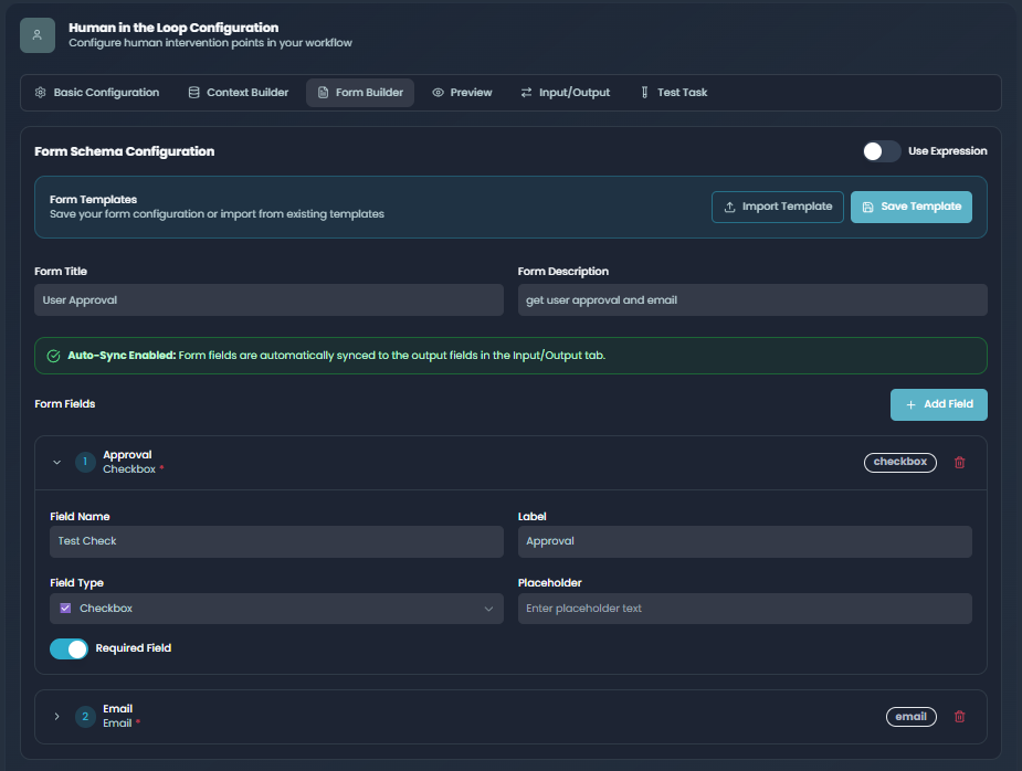 Human-in-the-Loop Form Builder - Custom form creation with multiple field types, validation rules, and field configuration options