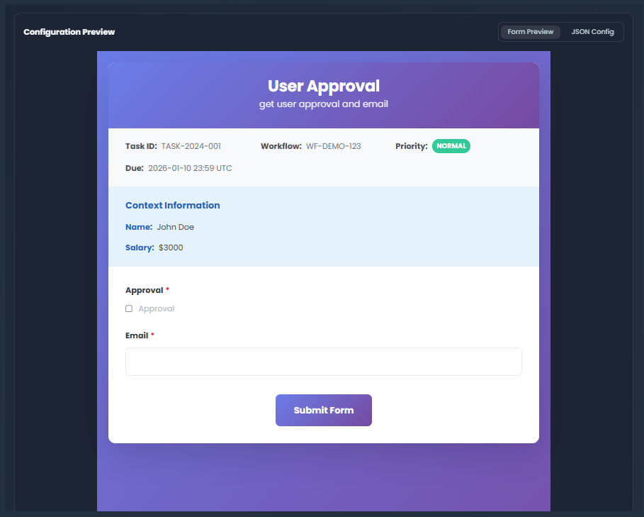 Human-in-the-Loop Form Preview and Testing - Live form preview with context data, task information, and test execution interface